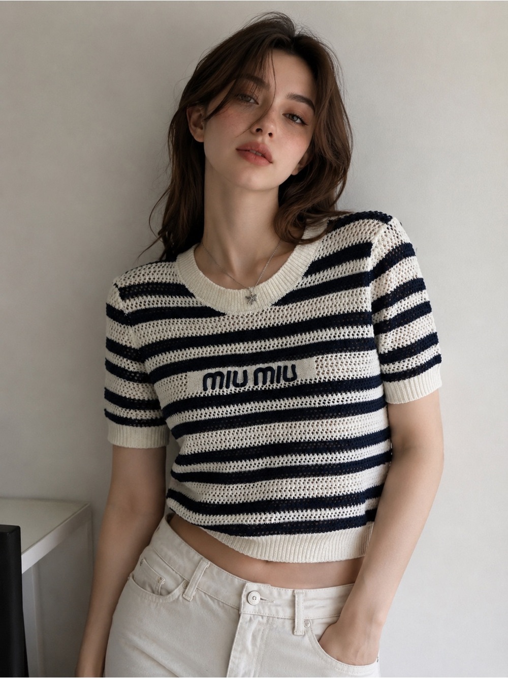 Navy and White Striped Open-Knit Short Sleeve Tee